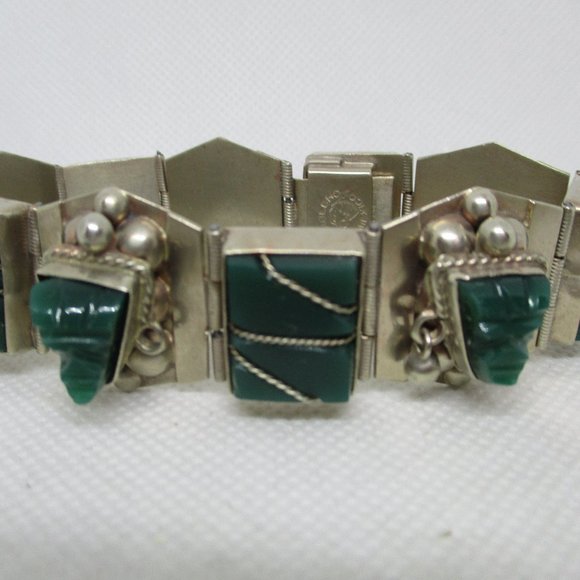 MEXICAN SILVER Green Onyx Tribal Masks Bracelet Gemstone Rectangles Sectional - Picture 5 of 12